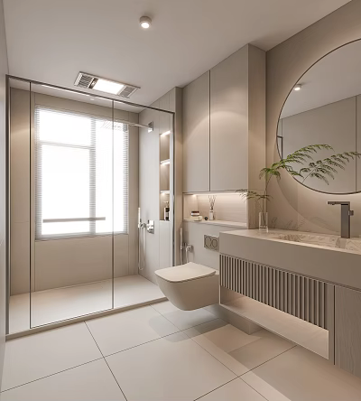 Modern Bathroom Interior With Glass Shower Wall Mounted Toilet Marble Countertop Vanity And Round Mirror 3d model