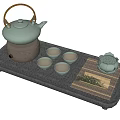 Elegant Traditional Tea Set With White Teapot Four Tea Cups Dark Tray And Strainer