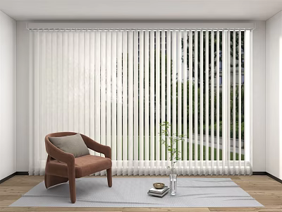 White Vertical Blinds in Modern Interior with Brown Chair Vase and Green Outside View 3d model