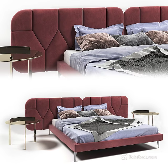 Double Bed With Red Headboard Blue Sheets Plush Pillows And Metal Side Tables 3d model