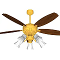 Golden Decorative Ceiling Fan With Wooden Blades And Built In Lights