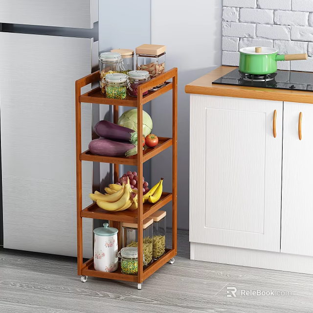 Wheeled Wooden Kitchen Storage Shelf with Multi-layer Design for Storing Vegetables Fruits and Glass Jars 3d model 