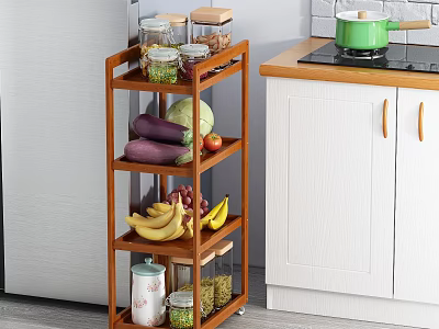 Wheeled Wooden Kitchen Storage Shelf with Multi-layer Design for Storing Vegetables Fruits and Glass Jars 3d model