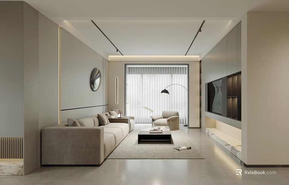 Modern Living Dining Room Interior with Sofa Coffee Table TV Wall Circular Mirror and Lighting 3d model 