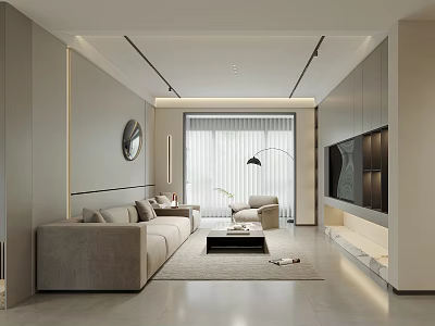 Modern Living Dining Room Interior with Sofa Coffee Table TV Wall Circular Mirror and Lighting 3d model