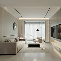 Modern Living Dining Room Interior with Sofa Coffee Table TV Wall Circular Mirror and Lighting