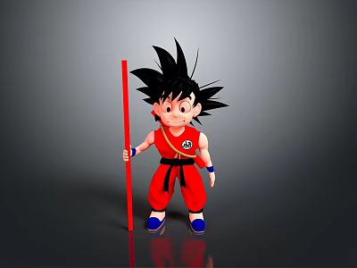 Spiky Black Hair Game Movie Character In Red Outfit With Black Belt And Red Staff 3d model