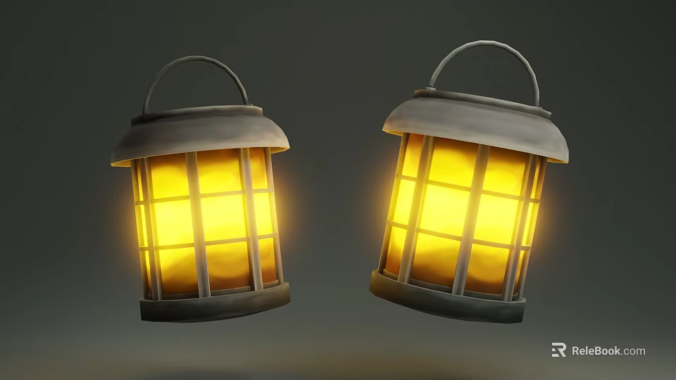 Two Vintage Style Lanterns With Metal Frame And Glowing Yellow Light 3d model 