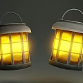 Two Vintage Style Lanterns With Metal Frame And Glowing Yellow Light