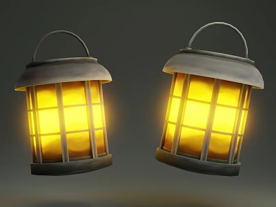 Two Vintage Style Lanterns With Metal Frame And Glowing Yellow Light 3d model