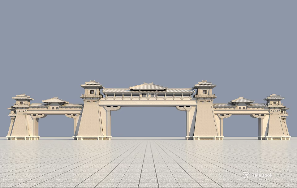 Ancient Chinese Architecture Traditional Wooden Archway With Multi Tiered Roofs And Stone Columns 3d model 