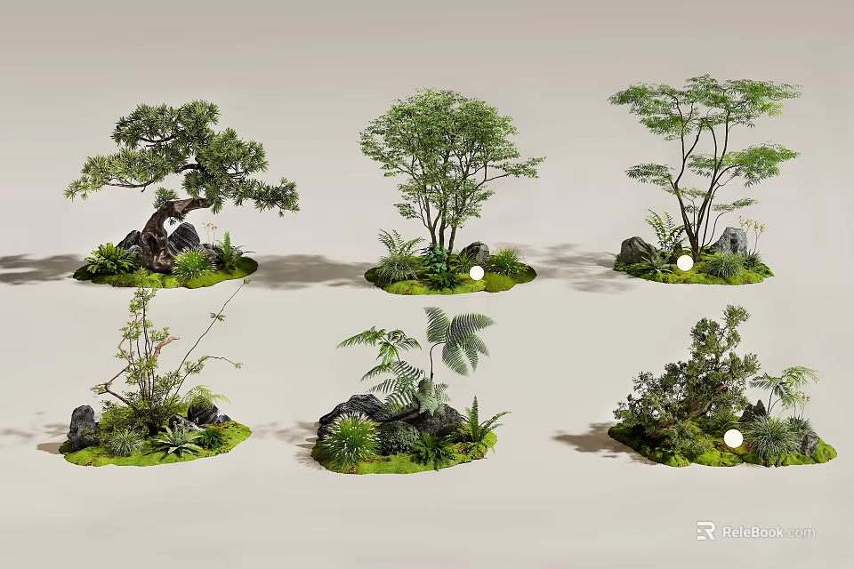 Natural Indoor Landscape Interior With Diverse Trees Ferns Stones Moss And Small Lights 3d model 