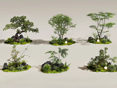 Natural Indoor Landscape Interior With Diverse Trees Ferns Stones Moss And Small Lights 3d model