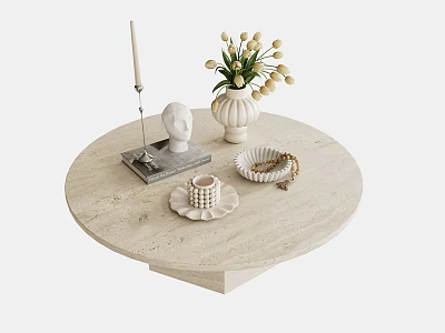 Modern Decorative Ornament Set With White Vase Flowers Figurine Candle Woven Basket On Round Table 3d model