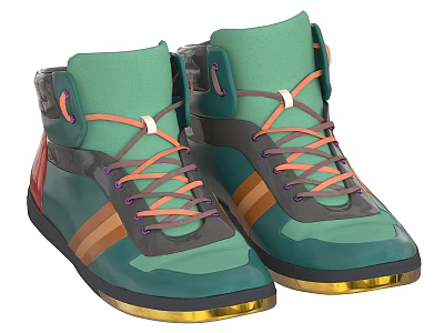 Green High Top Shoes With Orange Purple Laces Golden Soles And Brown Stripes 3d model