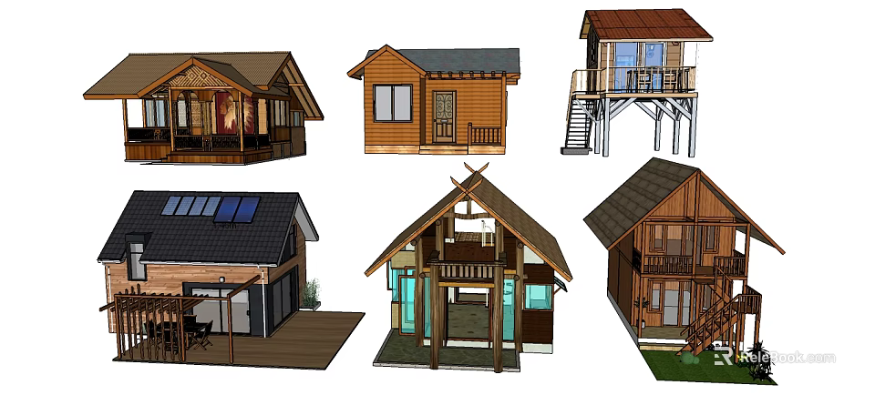 Various Wooden House Designs Featuring Balconies Solar Panels and Traditional Modern Styles 3d model 