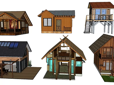 Various Wooden House Designs Featuring Balconies Solar Panels and Traditional Modern Styles 3d model
