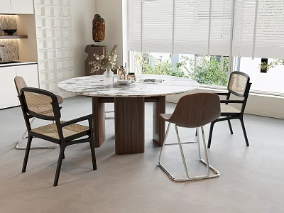 Elegant Modern Restaurant Interior With Round Marble Dining Table Stylish Chairs And Natural Light 3d model