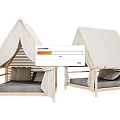 Stylish Wooden Frame Tent Bed with Canvas Curtains and Gray Mattress