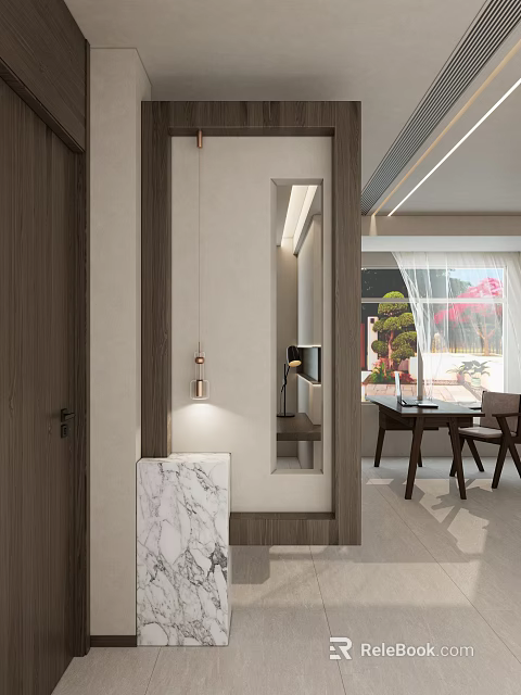 Modern Room Divider With Wooden Frame Marble Countertop Mirror Pendant Light And Dining Area 3d model 