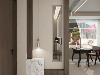 Modern Room Divider With Wooden Frame Marble Countertop Mirror Pendant Light And Dining Area 3d model
