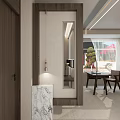 Modern Room Divider With Wooden Frame Marble Countertop Mirror Pendant Light And Dining Area