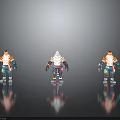Three Colorful Characters Including Silver Armored Central Figure Orange Hair Green Pants On Reflective Surface