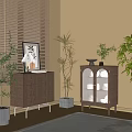 Stylish Room Interior With Brown Chest Of Drawers Glass Cabinet Plants Picture Frame Table Lamp