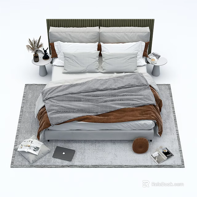 Modern Double Bed With Plaid Blanket Brown Throw Bedside Tables And Decorative Items 3d model