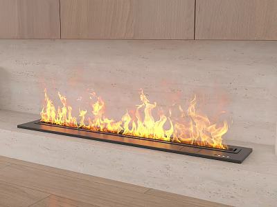 Modern Long Linear Fireplace With Burning Flames In Light Colored Wall Interior 3d model