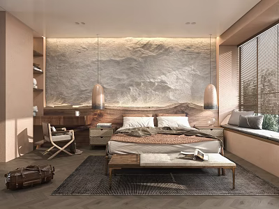 Warm Bedroom Interior With Textured Wall Wooden Headboard Pendant Lights Bench And Blinds 3d model
