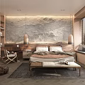 Warm Bedroom Interior With Textured Wall Wooden Headboard Pendant Lights Bench And Blinds
