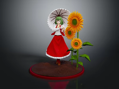 Girl Figurine In Red Dress Standing With Umbrella And Sunflowers 3d model