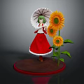 Girl Figurine In Red Dress Standing With Umbrella And Sunflowers