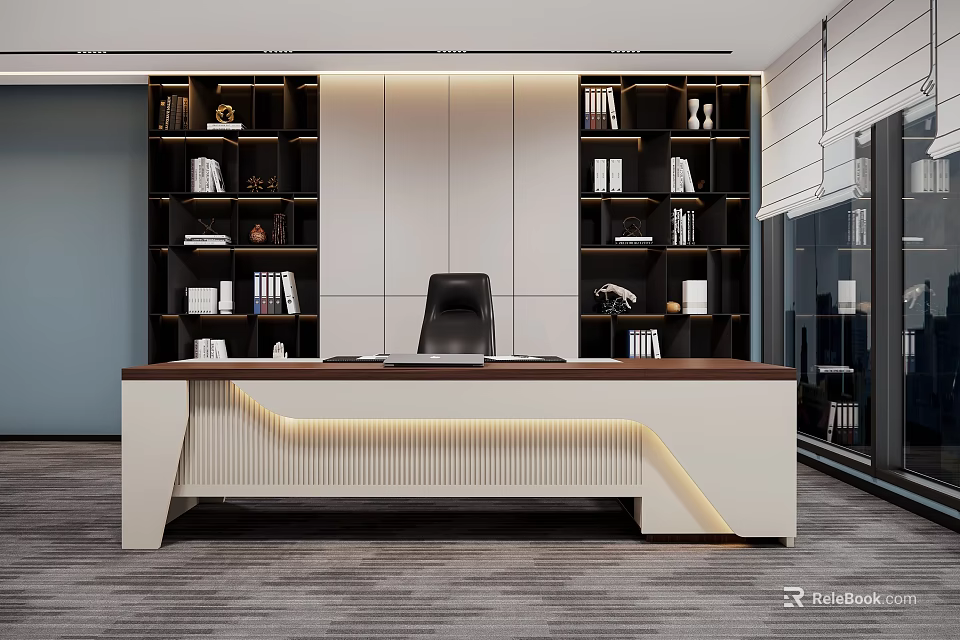 Modern Office Interior With Large Wooden Desk Black Leather Chair And Bookshelves 3d model 