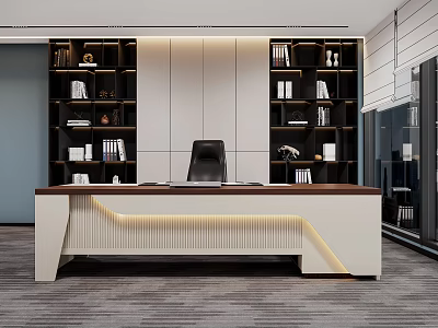 Modern Office Interior With Large Wooden Desk Black Leather Chair And Bookshelves 3d model