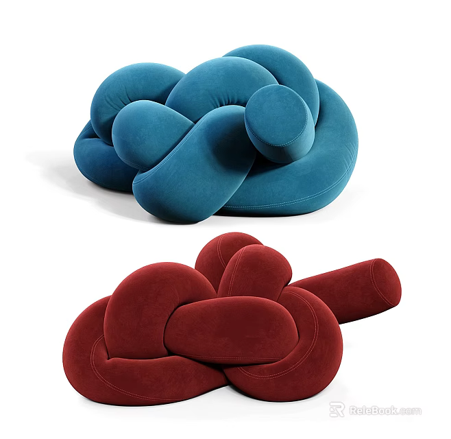 Modern Blue and Red Lazy Sofa with Knotted Design and Soft Plush Fabric 3d model 