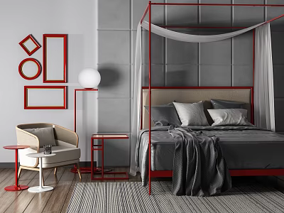 Background Double Bed With Red Frame Grey Mattress Red Geometric Art Beige Chair Striped Rug 3d model