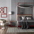 Background Double Bed With Red Frame Grey Mattress Red Geometric Art Beige Chair Striped Rug