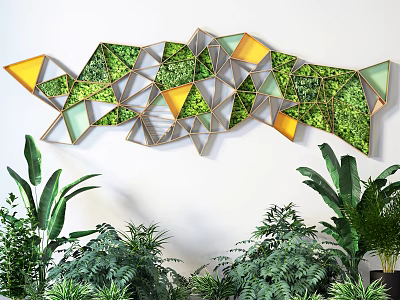 Living Plant Wall with Geometric Frame Green Yellow Leaves and Surrounding Plants 3d model