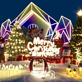 Magical Christmas Stage Featuring Neon Geometric Design Christmas Trees Snowman Lanterns And Lights
