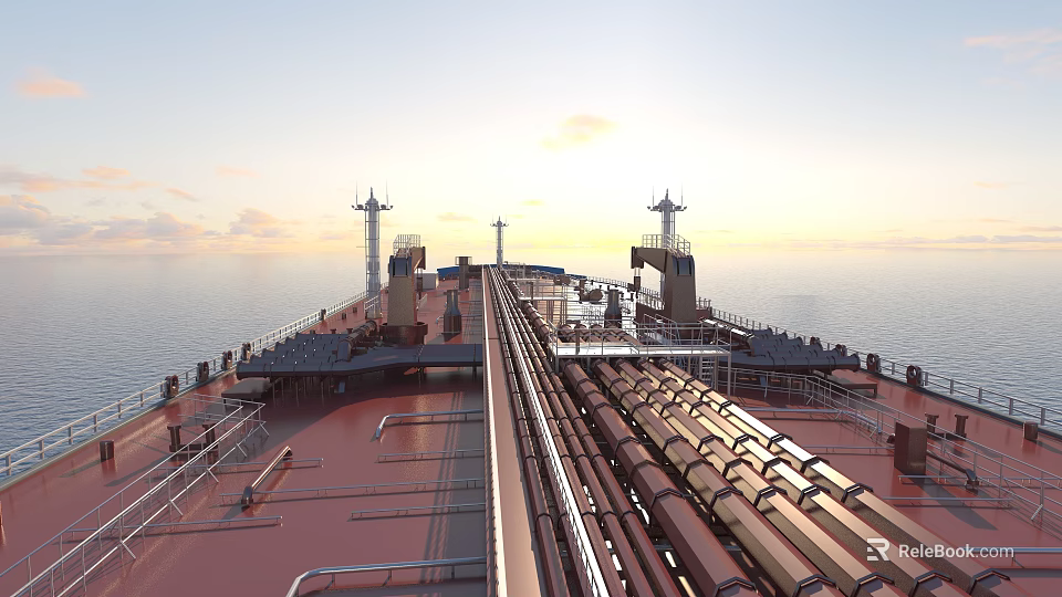 Scenic View Of Tanker Deck At Sea During Sunset With Cloudy Sky And Metal Pipes 3d model 