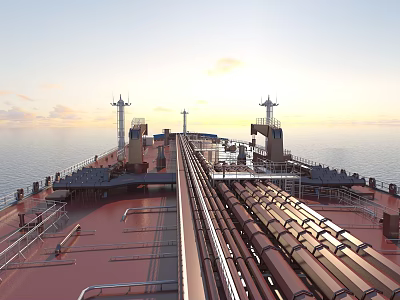 Scenic View Of Tanker Deck At Sea During Sunset With Cloudy Sky And Metal Pipes 3d model