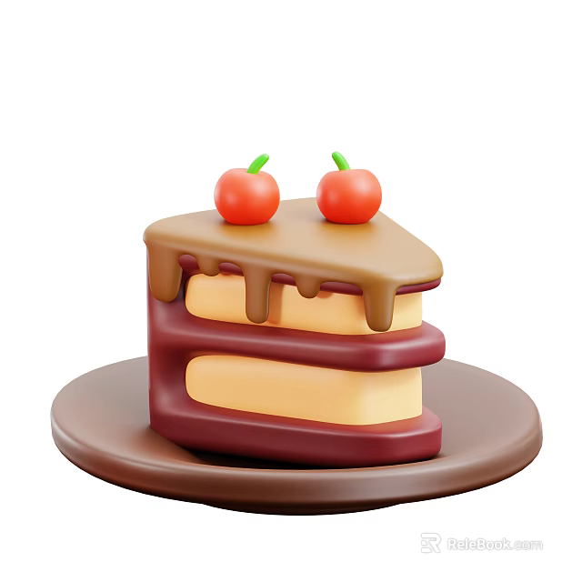 Delicious Three Layer Cake Topped With Cherries And Chocolate Drizzle On Brown Ceramic Plate 3d model 