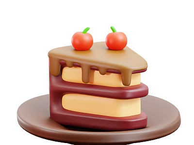 Delicious Three Layer Cake Topped With Cherries And Chocolate Drizzle On Brown Ceramic Plate 3d model