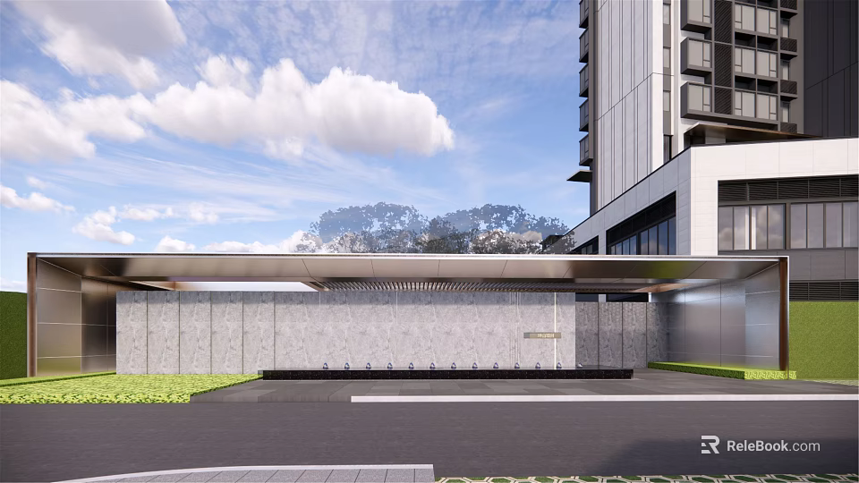 Modern Entrance Gate Design With Stone Wall Metal Canopy And High Rise Building 3d model 