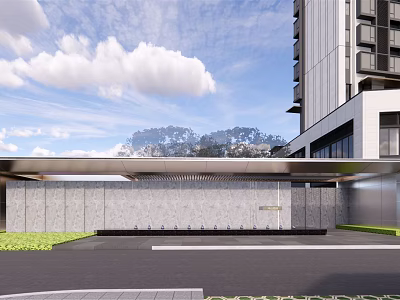 Modern Entrance Gate Design With Stone Wall Metal Canopy And High Rise Building 3d model