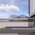 Modern Entrance Gate Design With Stone Wall Metal Canopy And High Rise Building