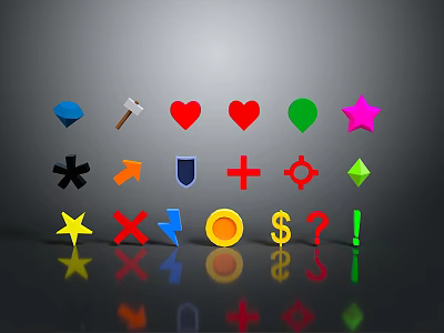 Collection of Various Colorful Symbols with Different Shapes on Gray Background and Reflections Below 3d model