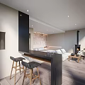 Modern Hotel Room Interior Design With Stone Wall Fireplace Sofa And Coffee Table